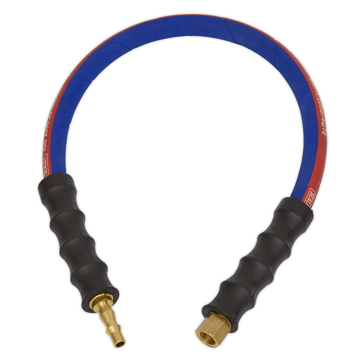 Image of the Sealey Air Leader Hose 600mm x Ø8mm with Tailpiece & 1/4"BSP Union - AH2R, featuring brass BSP female union fittings on both ends and black grip handles. The hose is blue on one side and red on the other, ideal for connecting to any air tool.