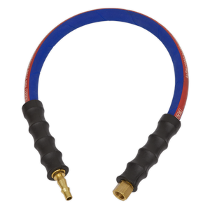 Image of the Sealey Air Leader Hose 600mm x Ø8mm with Tailpiece & 1/4"BSP Union - AH2R, featuring brass BSP female union fittings on both ends and black grip handles. The hose is blue on one side and red on the other, ideal for connecting to any air tool.