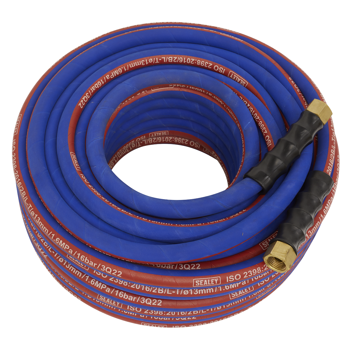 The Sealey Air Hose 30m x Ø13mm with 1/2"BSP Unions Extra-Heavy-Duty - AH30R/12 is a coiled blue and red air hose made of high-quality rubber, marked with specifications and brand information. Featuring brass fittings on both ends, this silicone-free model complies with EN 2398 standards.