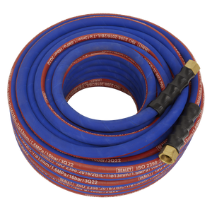 The Sealey Air Hose 30m x Ø13mm with 1/2"BSP Unions Extra-Heavy-Duty - AH30R/12 is a coiled blue and red air hose made of high-quality rubber, marked with specifications and brand information. Featuring brass fittings on both ends, this silicone-free model complies with EN 2398 standards.