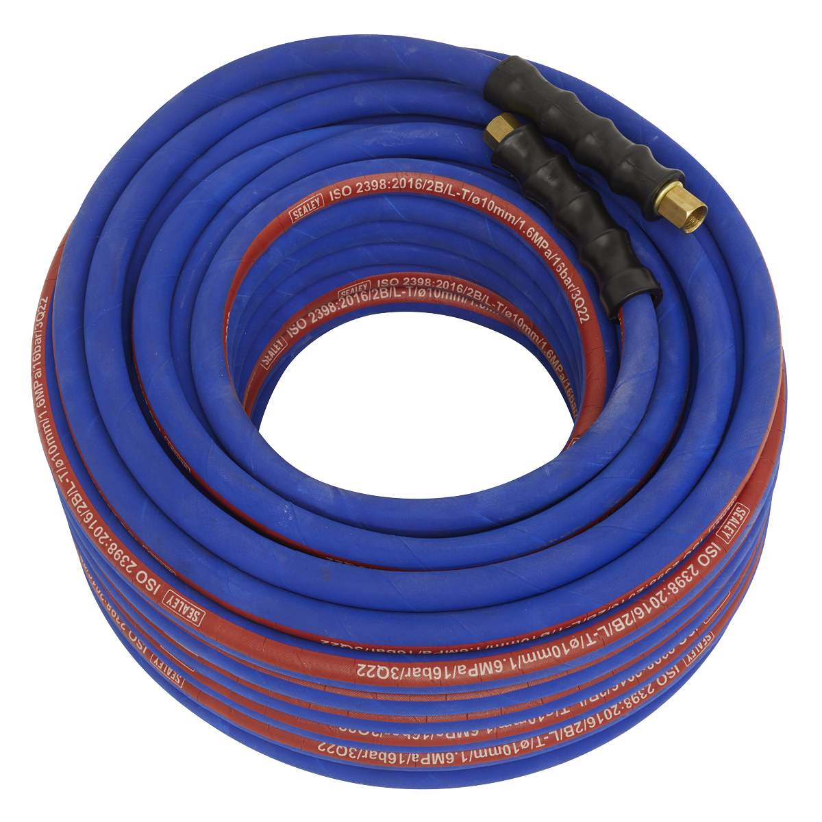 A Sealey AH30R/38 Air Hose, 30m x Ø10mm, with coiled blue and red rubber construction, black grips, brass fittings, and bend restrictors.