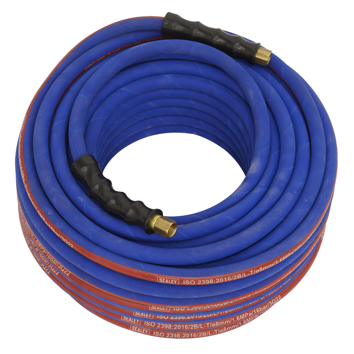 The Sealey Air Hose 30m x Ø8mm with 1/4" BSP Unions Extra Heavy-Duty - AH30R features a coiled design with brass fittings, black grips, and bend restrictors for added durability.