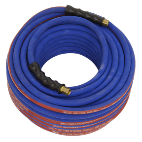 The Sealey Air Hose 30m x Ø8mm with 1/4" BSP Unions Extra Heavy-Duty - AH30R features a coiled design with brass fittings, black grips, and bend restrictors for added durability.