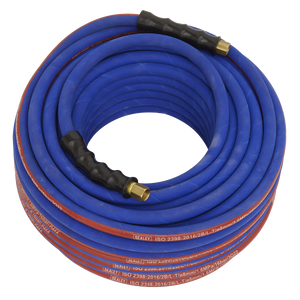 The Sealey Air Hose 30m x Ø8mm with 1/4" BSP Unions Extra Heavy-Duty - AH30R features a coiled design with brass fittings, black grips, and bend restrictors for added durability.