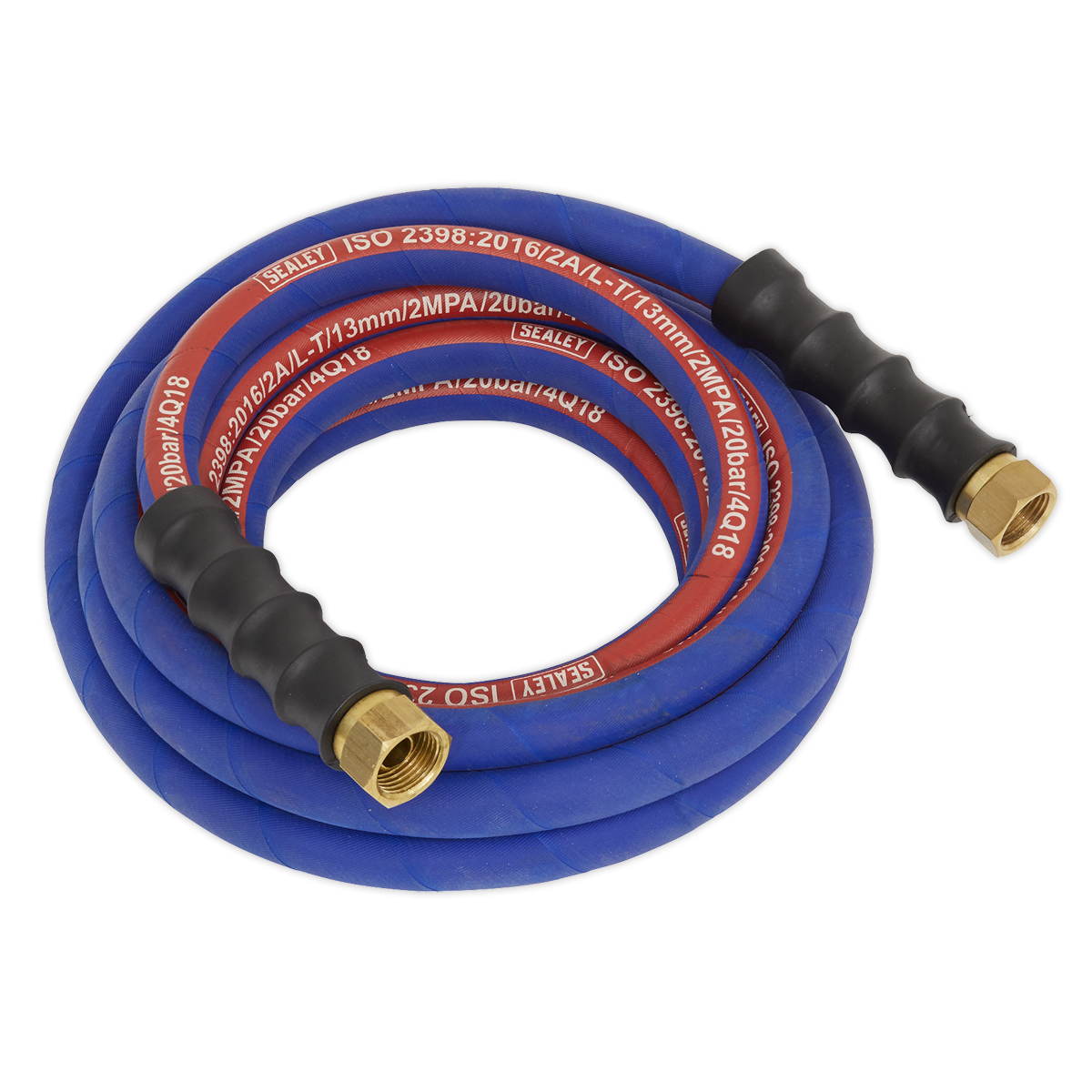 The Sealey Air Hose 5m x Ø13mm with 1/2" BSP Unions Extra-Heavy-Duty (AH5R/12), coiled in blue and red, features brass fittings and black textured grips at each end, wrapped in a silicone-free protective wrap.