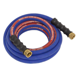 The Sealey Air Hose 5m x Ø13mm with 1/2" BSP Unions Extra-Heavy-Duty (AH5R/12), coiled in blue and red, features brass fittings and black textured grips at each end, wrapped in a silicone-free protective wrap.