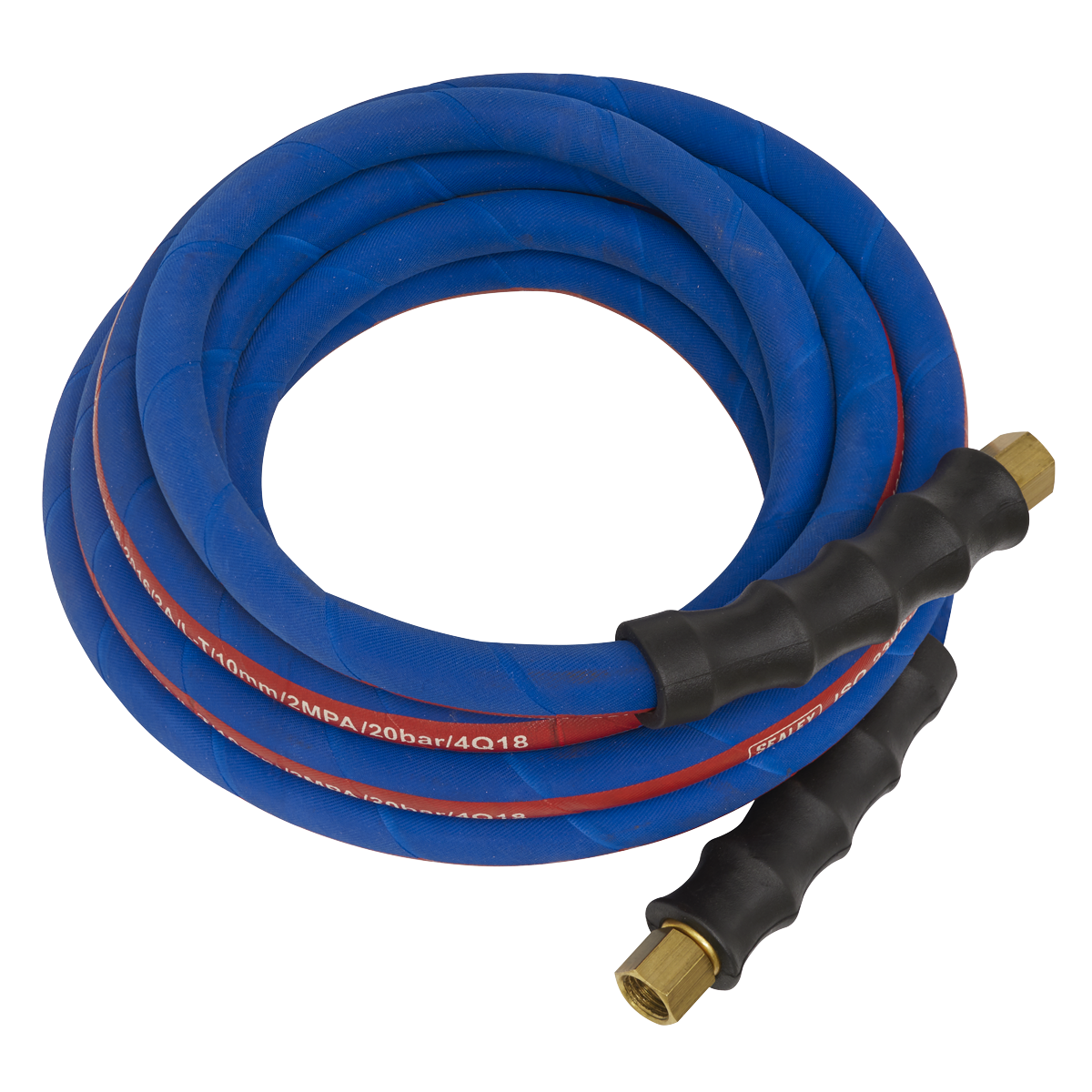 Sealey Air Hose 5m x Ø10mm with 1/4"BSP Unions Extra-Heavy-Duty - AH5R/38, featuring two black grip sections, bend restrictors, and brass fittings on each end.