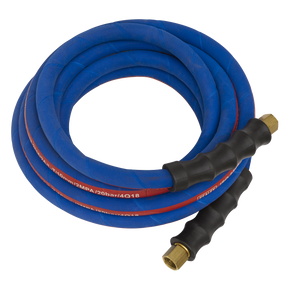 Sealey Air Hose 5m x Ø10mm with 1/4"BSP Unions Extra-Heavy-Duty - AH5R/38, featuring two black grip sections, bend restrictors, and brass fittings on each end.
