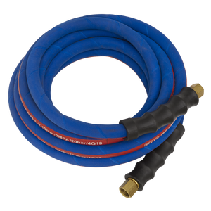 Sealey Air Hose 5m x Ø10mm with 1/4"BSP Unions Extra-Heavy-Duty - AH5R/38, featuring two black grip sections, bend restrictors, and brass fittings on each end.