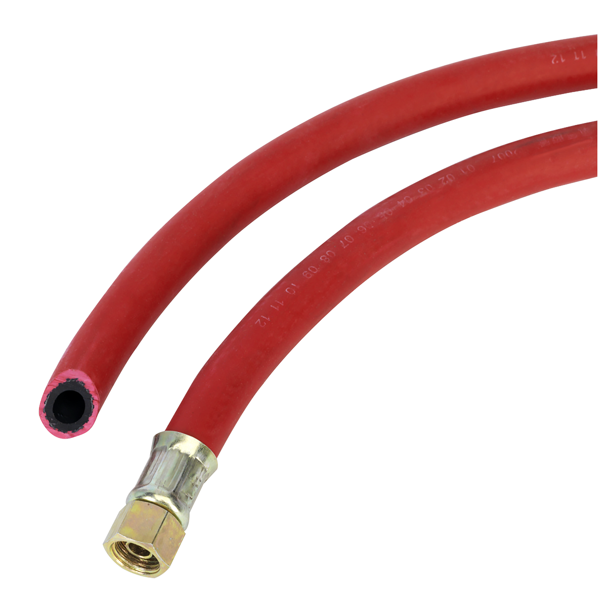 Two Sealey Air Hoses (Air Hose 20m x Ø8mm with 1/4"BSP Unions - AHC20). The left hose has a plain open end, while the right hose features a metal fitting attached to its end. Both hoses display text markings along their length, making them ideal for garage and bodyshop applications. These silicone-free hoses ensure compatibility with various tools.