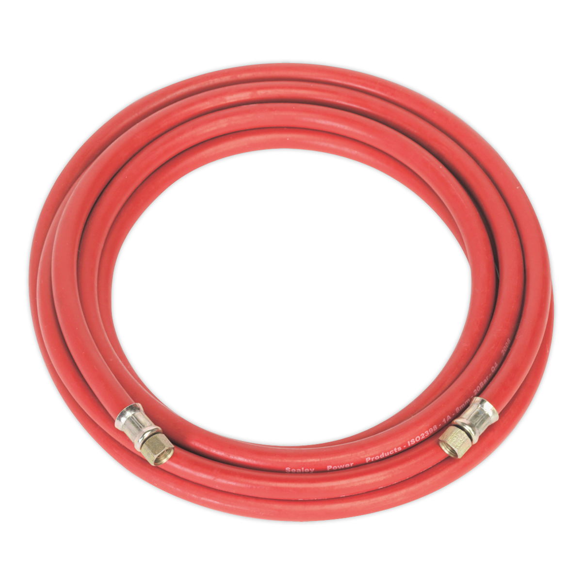 The Sealey Air Hose 5m x Ø8mm with 1/4"BSP Unions - AHC5 is a silicone-free, coiled red rubber alloy air hose featuring metal connectors at both ends, making it ideal for garage applications.