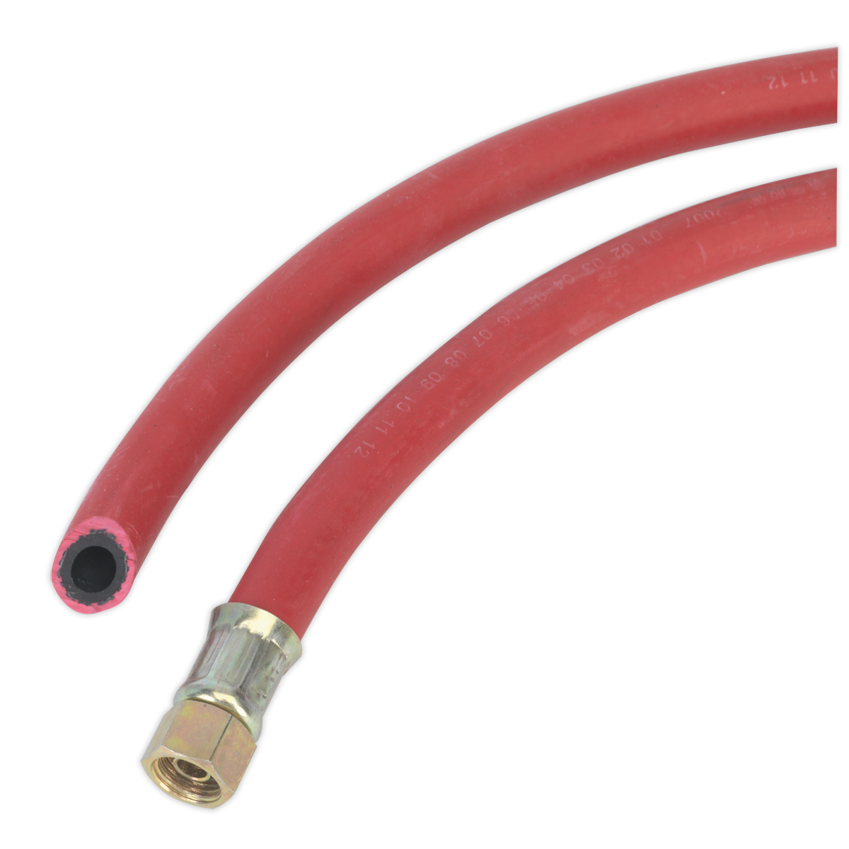 Displaying two Sealey Air Hoses, each 5 meters long and 8mm in diameter; one features a metal 1/4" BSP union fitting and the other has a plain cut end. They are perfect for garage use and fluid transfer applications.