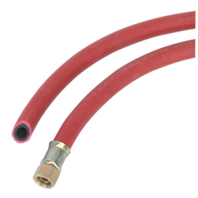 Displaying two Sealey Air Hoses, each 5 meters long and 8mm in diameter; one features a metal 1/4" BSP union fitting and the other has a plain cut end. They are perfect for garage use and fluid transfer applications.