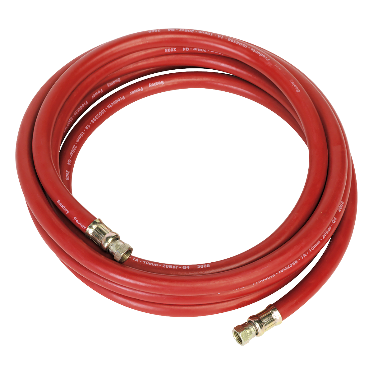 The Sealey Air Hose AHC538 is a coiled red rubber alloy air hose, measuring 5 meters in length and 10mm in diameter, with 1/4" BSP metal unions at both ends. It is designed for high-pressure use and is ideal for garage and bodyshop applications.