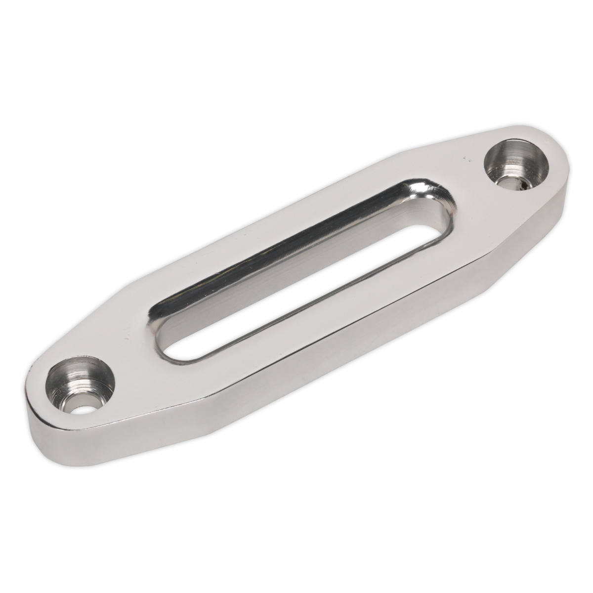 The Sealey Aluminium Hawse Fairlead 124mm - AHF124 features a billet aluminium design with an elongated central slot and two mounting holes on either side, specifically designed for use with synthetic winch rope.