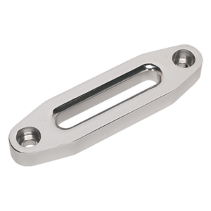 The Sealey Aluminium Hawse Fairlead 124mm - AHF124 features a billet aluminium design with an elongated central slot and two mounting holes on either side, specifically designed for use with synthetic winch rope.