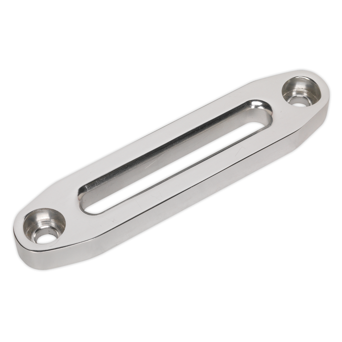 The Sealey Aluminium Hawse Fairlead 152mm (AHF152) is a rectangular metallic bracket with rounded ends, featuring a narrow horizontal slot and two circular holes at each end, crafted from billet aluminium.