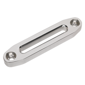 The Sealey Aluminium Hawse Fairlead 152mm (AHF152) is a rectangular metallic bracket with rounded ends, featuring a narrow horizontal slot and two circular holes at each end, crafted from billet aluminium.