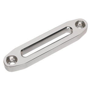 The Sealey Aluminium Hawse Fairlead 152mm (AHF152) is a rectangular metallic bracket with rounded ends, featuring a narrow horizontal slot and two circular holes at each end, crafted from billet aluminium.