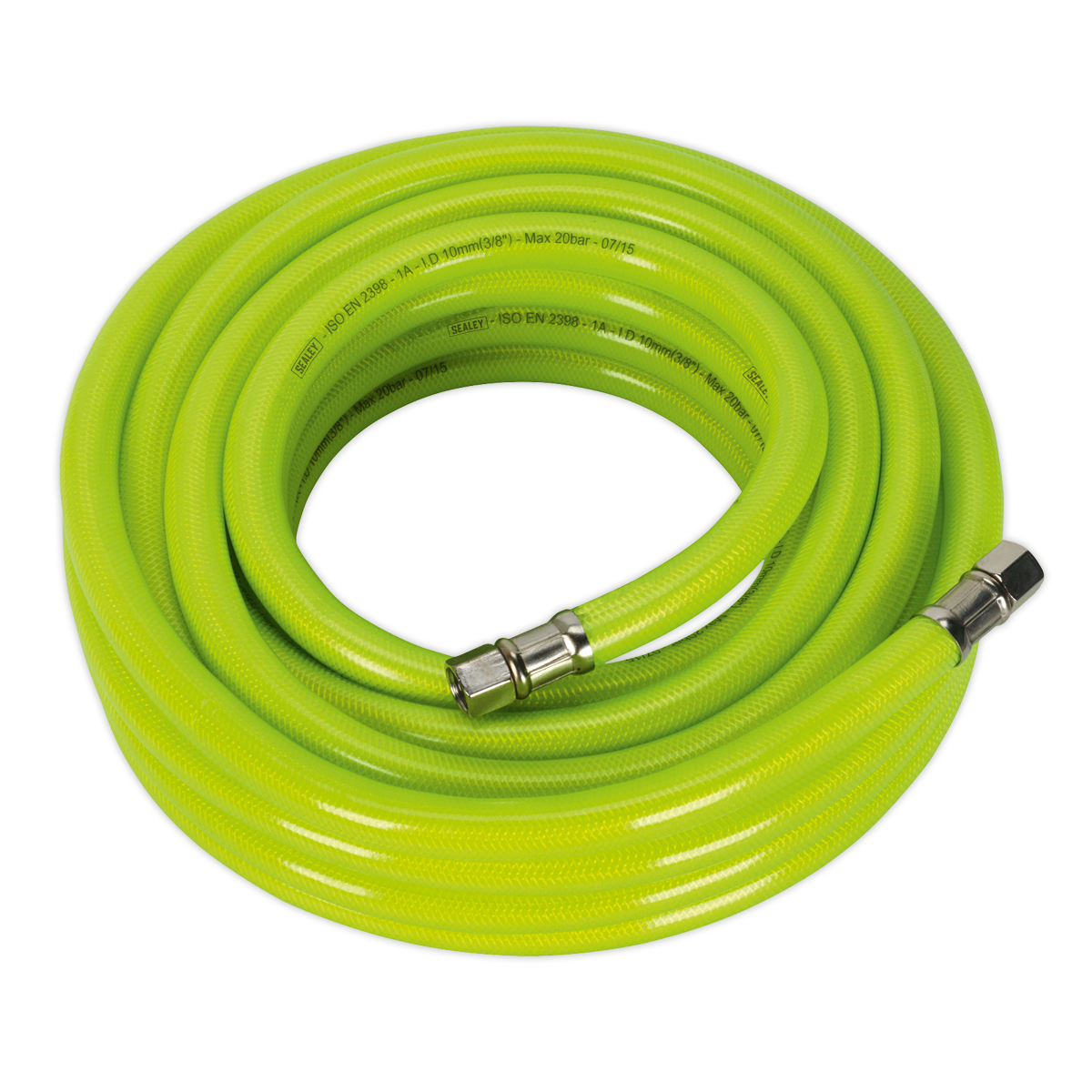 The Sealey Air Hose High-Visibility 10m x Ø10mm AHFC1038 features a bright yellow, coiled design with reinforced PVC construction and 1/4" BSP metal unions on both ends.