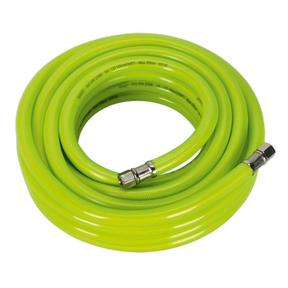 The Sealey Air Hose High-Visibility 10m x Ø10mm AHFC1038 features a bright yellow, coiled design with reinforced PVC construction and 1/4" BSP metal unions on both ends.