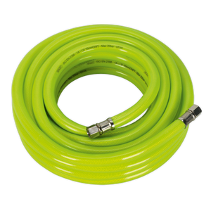 The Sealey Air Hose High-Visibility 10m x Ø10mm AHFC1038 features a bright yellow, coiled design with reinforced PVC construction and 1/4" BSP metal unions on both ends.