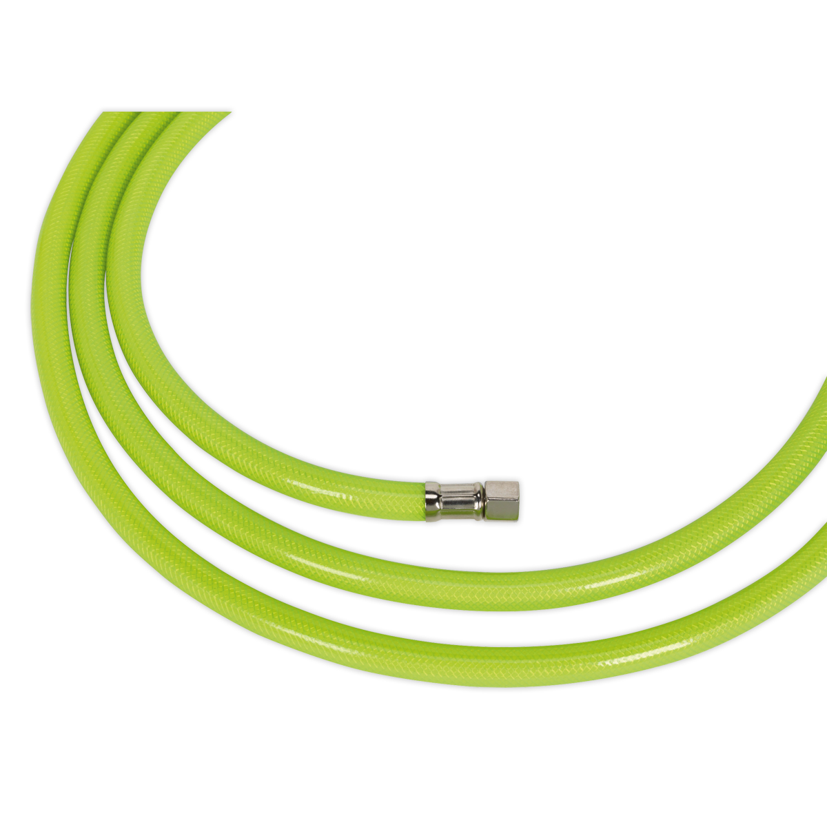 A coiled, high-visibility Air Hose High-Visibility 10m x Ø8mm with 1/4"BSP Unions (model AHFC10) from Sealey, featuring a bright green design and a metallic connector at the end.