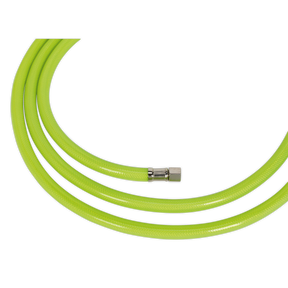 A coiled, high-visibility Air Hose High-Visibility 10m x Ø8mm with 1/4"BSP Unions (model AHFC10) from Sealey, featuring a bright green design and a metallic connector at the end.