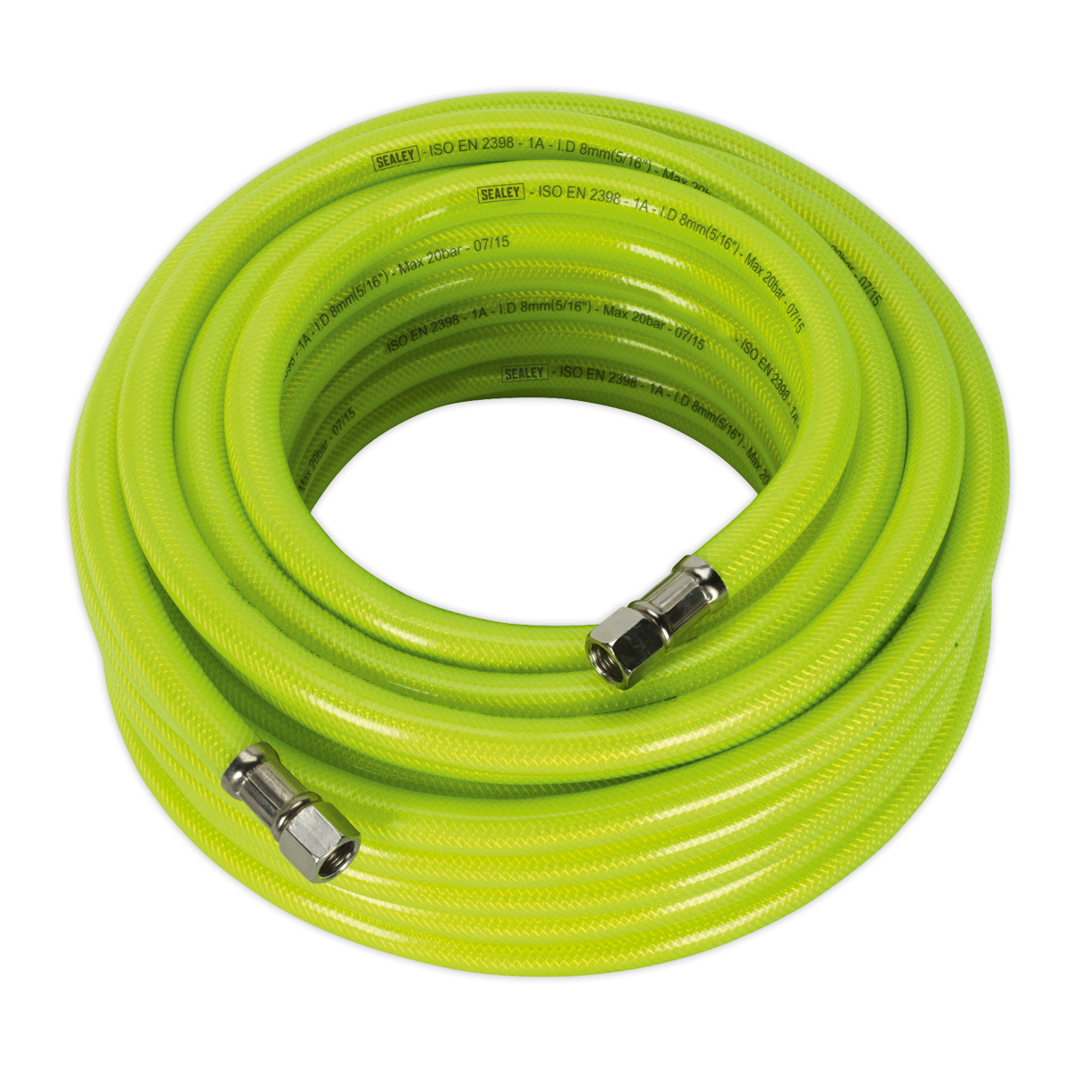 A high-visibility coiled yellow hose branded as Sealey, measuring 15 meters by Ø8mm and fitted with 1/4" BSP unions at both ends, features a reinforced PVC outer coating. This product is the Air Hose High-Visibility 15m x Ø8mm with 1/4"BSP Unions - AHFC15.