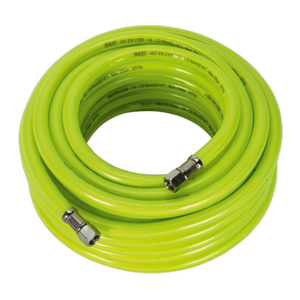 A high-visibility coiled yellow hose branded as Sealey, measuring 15 meters by Ø8mm and fitted with 1/4" BSP unions at both ends, features a reinforced PVC outer coating. This product is the Air Hose High-Visibility 15m x Ø8mm with 1/4"BSP Unions - AHFC15.