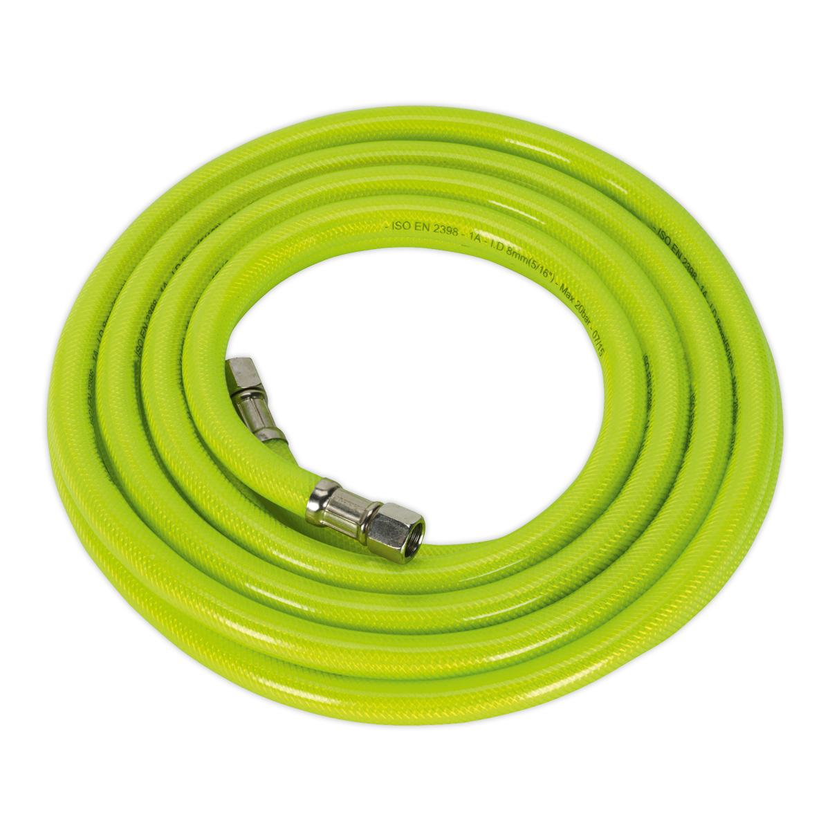 The Sealey Air Hose High-Visibility 5m x Ø8mm with 1/4"BSP Unions - AHFC5 is a coiled, bright green hose featuring a reinforced PVC outer coating and metal connectors on both ends, specifically designed for use with high-pressure water or air systems.