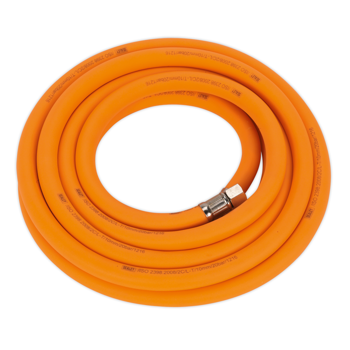 A Sealey Air Hose 5m x Ø10mm Hybrid High-Visibility (AHHC538) coiled neatly with a 1/4"BSP metal fitting at one end, made from a durable blend of PVC and rubber.