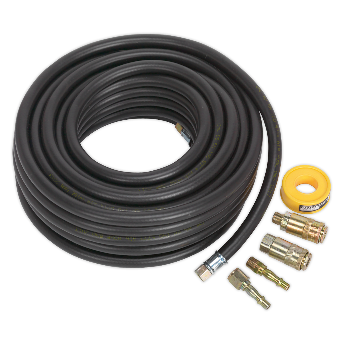 A coiled black Air Hose Kit 15m x Ø8mm with Connectors - AHK01 by Sealey, featuring metal fittings and PCL Vertex Coupling connectors, along with a yellow roll of tape, displayed against a white background.