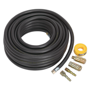 A coiled black Air Hose Kit 15m x Ø8mm with Connectors - AHK01 by Sealey, featuring metal fittings and PCL Vertex Coupling connectors, along with a yellow roll of tape, displayed against a white background.