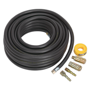 A coiled black Air Hose Kit 15m x Ø8mm with Connectors - AHK01 by Sealey, featuring metal fittings and PCL Vertex Coupling connectors, along with a yellow roll of tape, displayed against a white background.