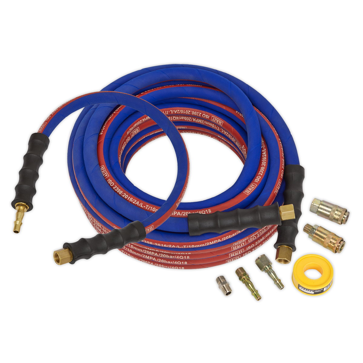 Two coiled refrigerant hoses in blue and red with brass connectors, various small attachment parts, a yellow roll of sealing tape, and the Sealey Air Hose Kit Extra-Heavy-Duty 15m x Ø10mm with Connectors (AHK02).