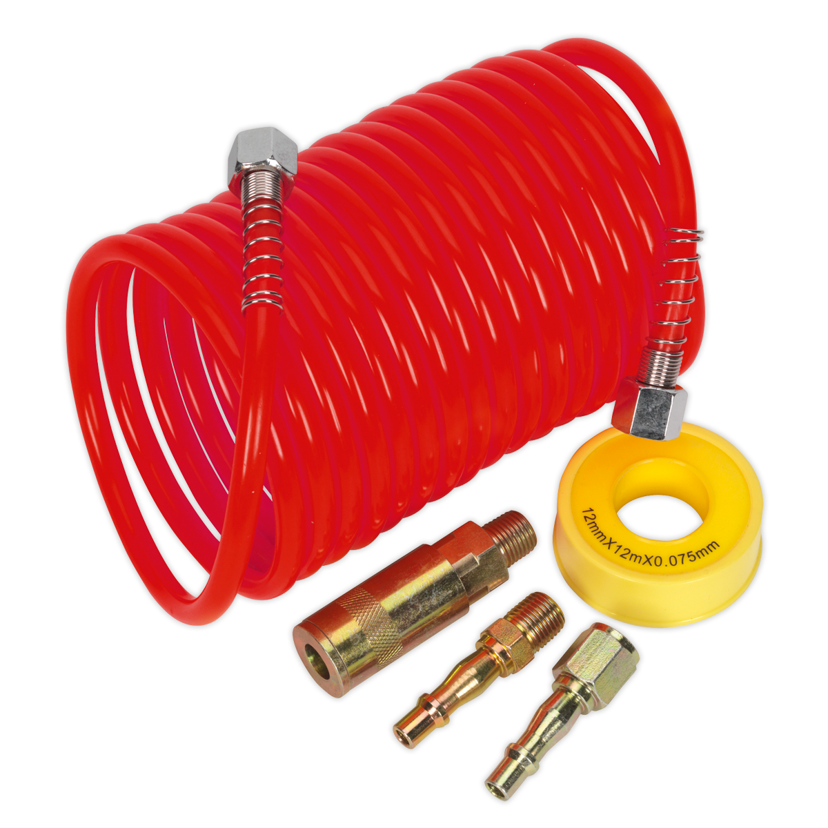 A Sealey Air Hose Kit 5m x Ø5mm PE Coiled with Connectors (AHK03) includes a coiled red rubber air hose connected to two metal fittings and a yellow tape roll labeled "12mx12mX0.07.5mm." The kit also comes with two small metal adapters and a quick release coupling for easy connections.