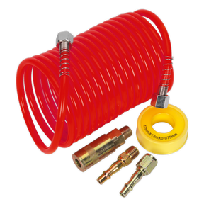 A Sealey Air Hose Kit 5m x Ø5mm PE Coiled with Connectors (AHK03) includes a coiled red rubber air hose connected to two metal fittings and a yellow tape roll labeled "12mx12mX0.07.5mm." The kit also comes with two small metal adapters and a quick release coupling for easy connections.