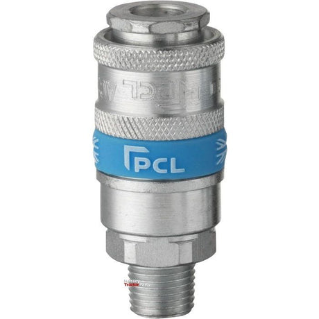 A sturdy steel coupling with a blue band labeled "PCL," this metallic quick-release air fitting from Sparex is known as the Coupling Male Thread 1/4'' BSPT (Sparex Part No. S.14344) and features a threaded male connector at the bottom.