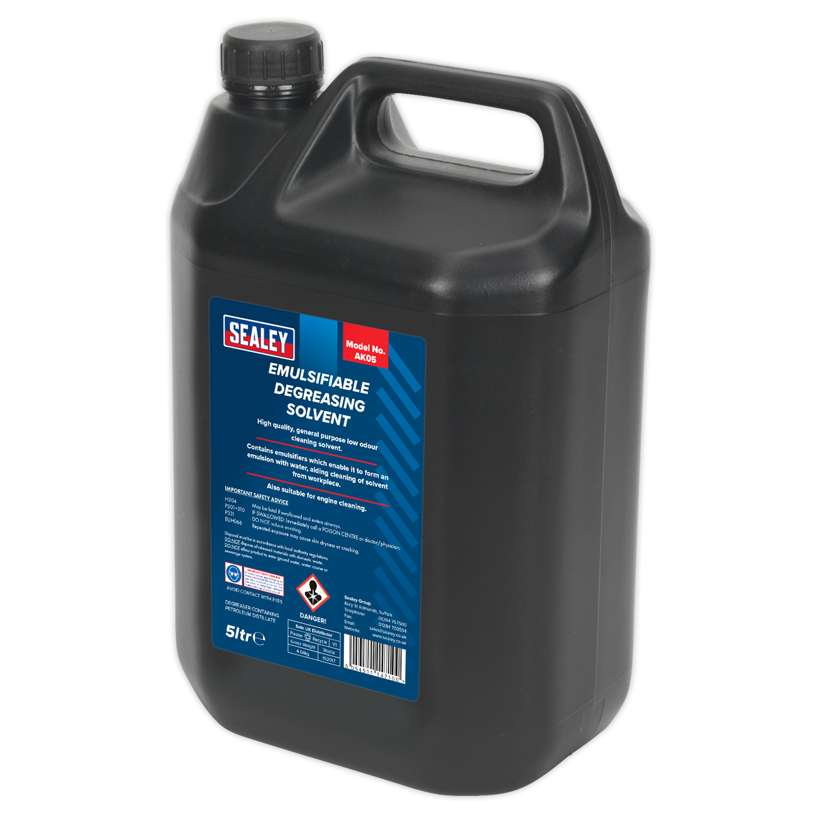 A 5-litre black container of Sealey Degreasing Solvent Emulsifiable 5L - AK05, featuring detailed usage instructions and safety warnings on the blue label. It is perfect for engine cleaning and is known for its low odour formulation.