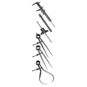 A set of professional measuring instruments from Sealey, including Vernier calipers and dividers, arranged vertically against a white background. This is the Professional Measuring Tool Set 6pc - AK10000.