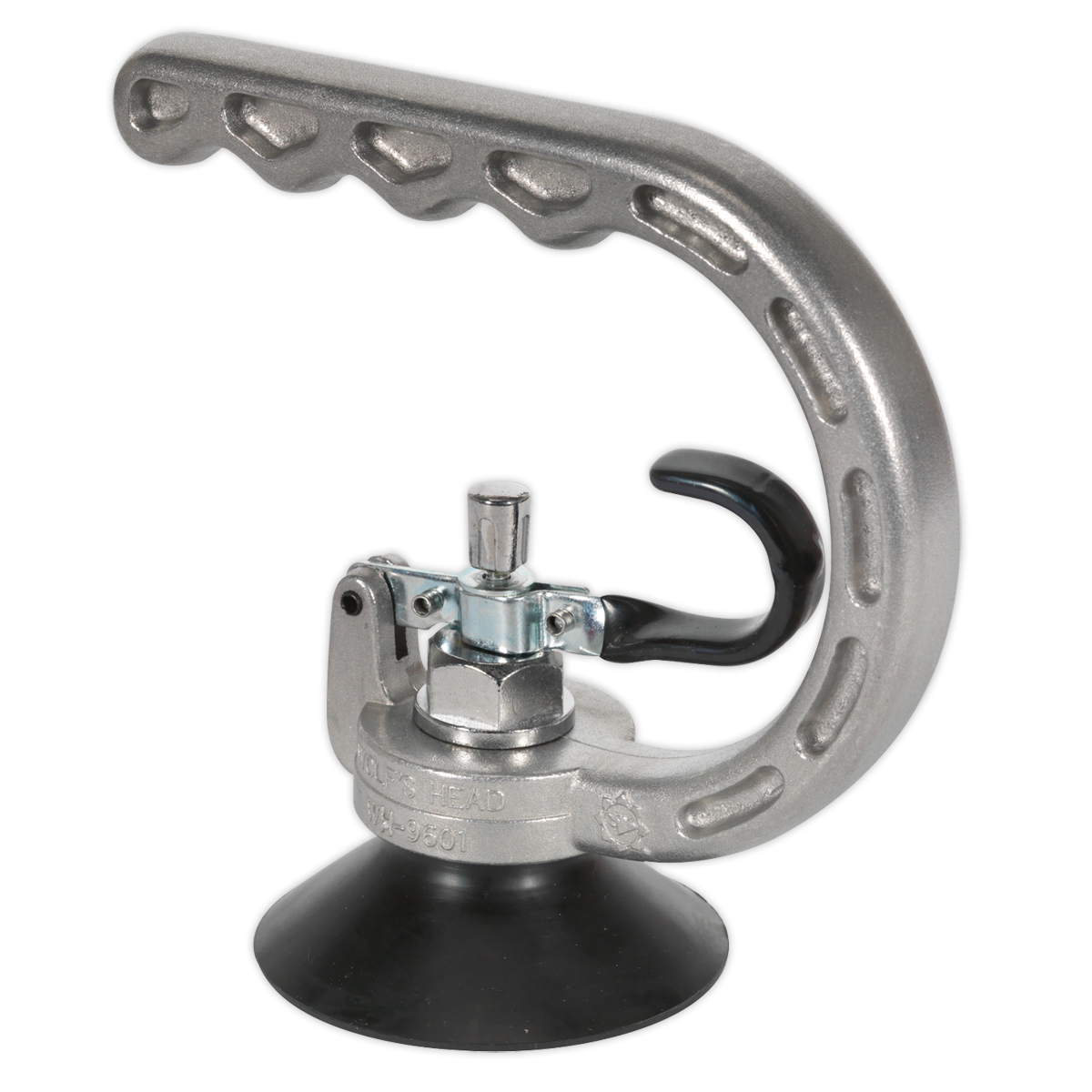 Introducing the Sealey Professional Dent Puller Ø75mm - AK100, a specialist device featuring a metal handle with an attached large suction cup and a locking mechanism, perfect for lifting or moving heavy glass or other smooth surfaces. This high-performance tool also offers a maximum pull capacity, making it ideal for efficiently pulling dents.