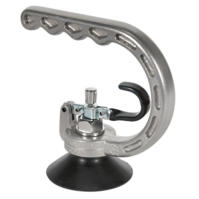 Introducing the Sealey Professional Dent Puller Ø75mm - AK100, a specialist device featuring a metal handle with an attached large suction cup and a locking mechanism, perfect for lifting or moving heavy glass or other smooth surfaces. This high-performance tool also offers a maximum pull capacity, making it ideal for efficiently pulling dents.