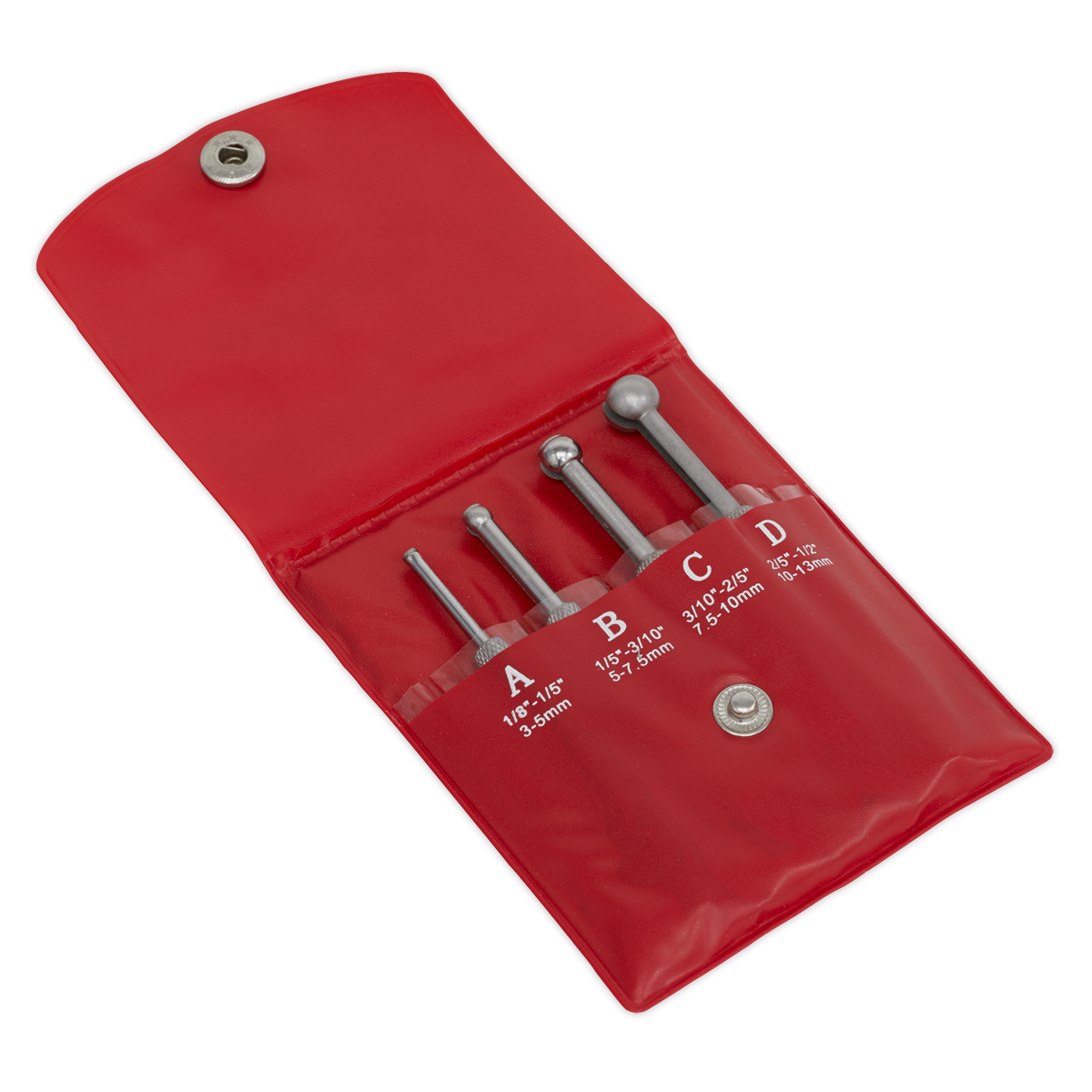 The Small Hole Gauge Set 4pc - AK10116 by Sealey is a red pouch containing four metal ball stylus tools, labeled A to D, each with different tip sizes for embossing and sculpting. These micrometer-compatible tools feature adjustable knurled handles for precise control.