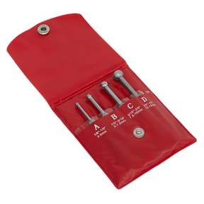 The Small Hole Gauge Set 4pc - AK10116 by Sealey is a red pouch containing four metal ball stylus tools, labeled A to D, each with different tip sizes for embossing and sculpting. These micrometer-compatible tools feature adjustable knurled handles for precise control.