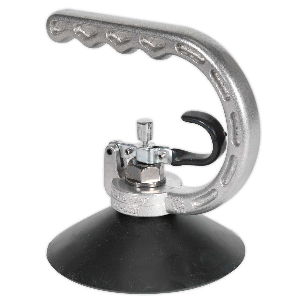 The Sealey Professional Dent Puller Ø125mm - AK102 is shown, featuring an aluminum handle with a rubber suction cup base. This effective dent pulling device includes a locking mechanism and a suction release trigger for easy operation.