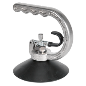 The Sealey Professional Dent Puller Ø125mm - AK102 is shown, featuring an aluminum handle with a rubber suction cup base. This effective dent pulling device includes a locking mechanism and a suction release trigger for easy operation.