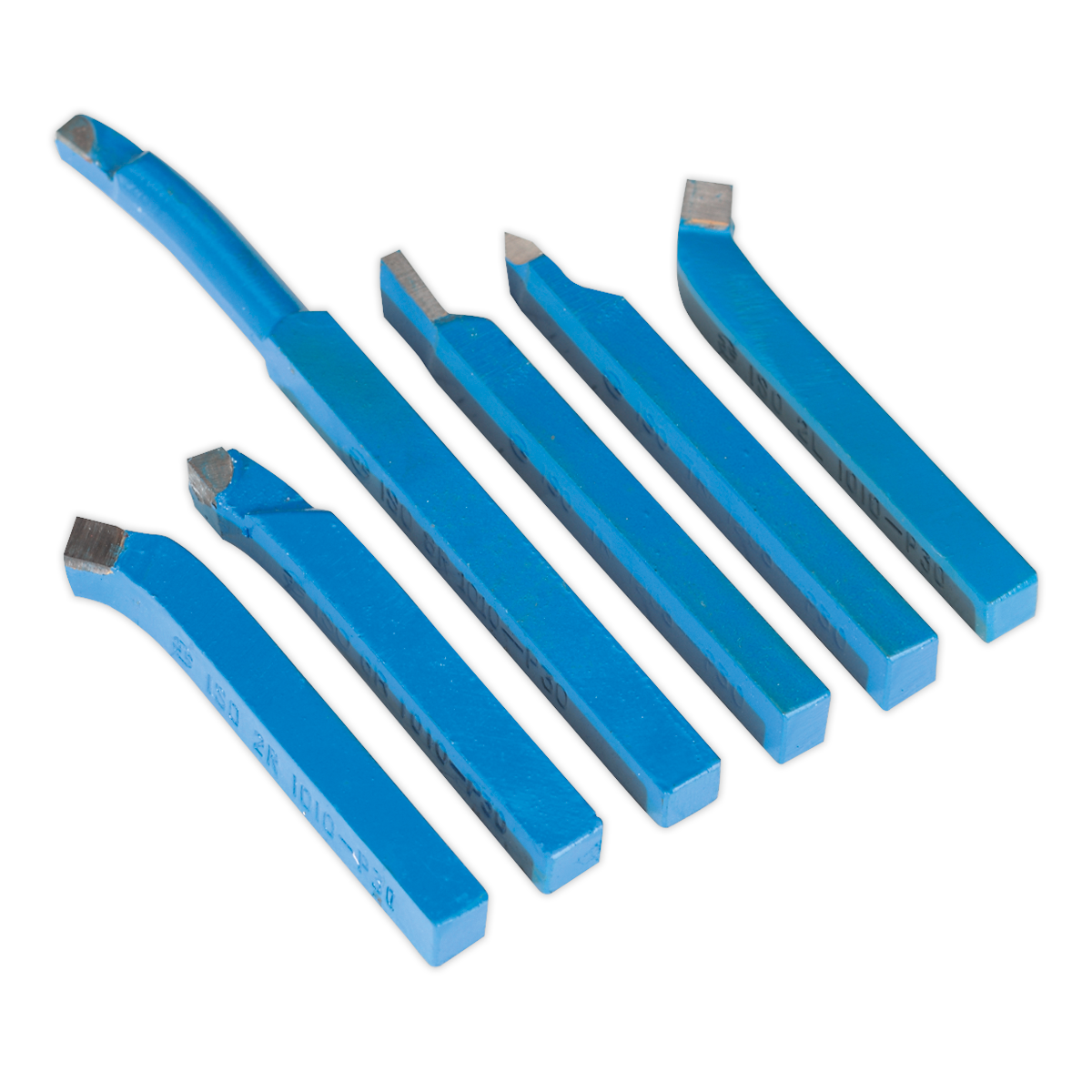 The Sealey Turning Set 6pc 10 x 10mm - AK1122 features high-quality metalworking lathe tools with various shaped tips, all arranged side by side in a sleek blue finish.