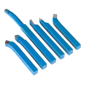 The Sealey Turning Set 6pc 10 x 10mm - AK1122 features high-quality metalworking lathe tools with various shaped tips, all arranged side by side in a sleek blue finish.