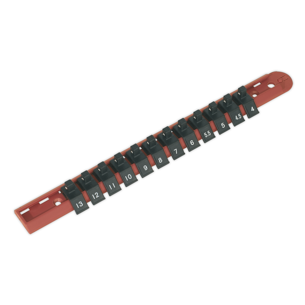 The Sealey Socket Retaining Rail with 12 Clips (model AK1412) features a row of identical black switches labeled from 1 to 12, mounted on a red strip. Some positions are labeled "5.5." This sliding socket rail design is ideal for professional use and meets the high standards set by Sealey.